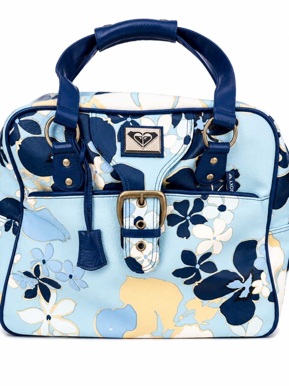 Roxy Y2K Hibiscus Flower Teavel Satchel in Light Blue, Navy and Cream EUC